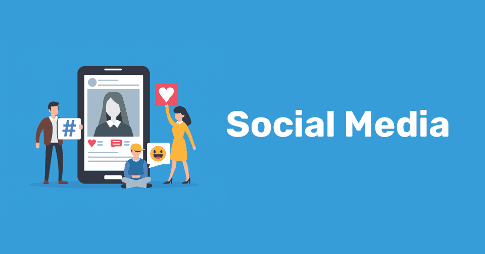 Venturing Into Social Media. Graphic Of A Tablet With Three People Around It Holding A Hash Tag On Card, A Heart On Card And A Smiley Face On Card. The Image Is On A Sky Blue Background