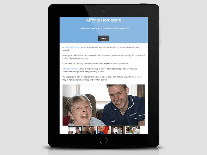 EWD (Esthetig Web Design) Portfolio: Affinity Care Services, website shown on a tablet