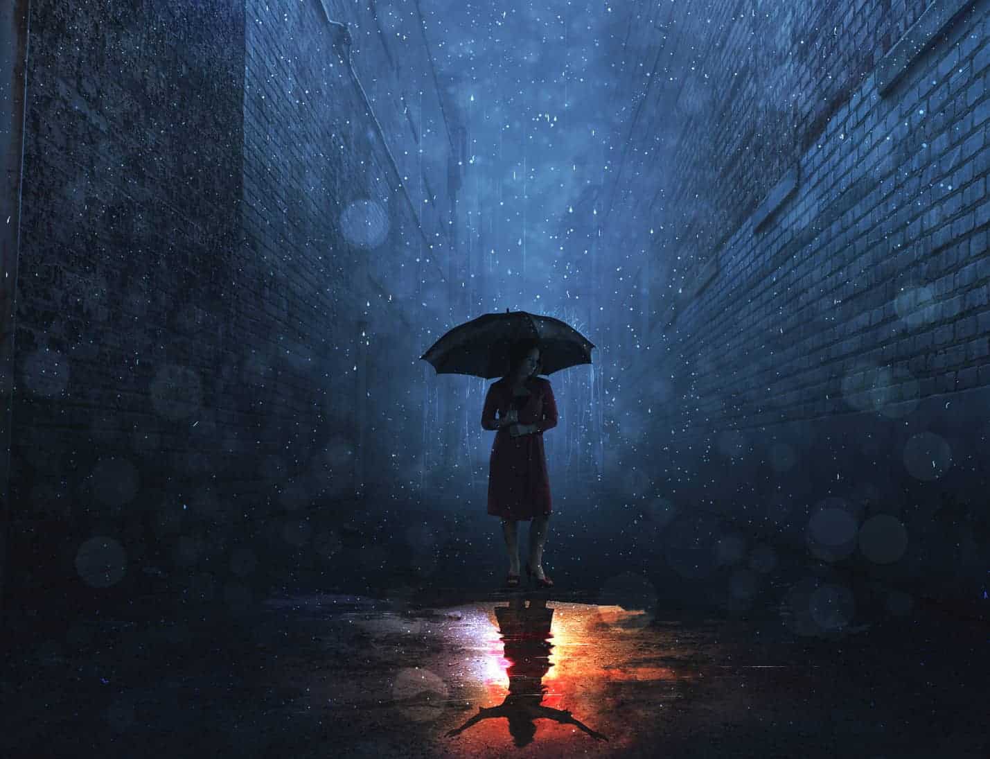 EWD (Esthetig Web Design), about page - why choose us? Image shows a dark grey alley on a rainy evening, in the middle is a woman holding an umbrella, in the reflection on the floor the same woman is bathed in evening sun and is holding her hands up in the air.