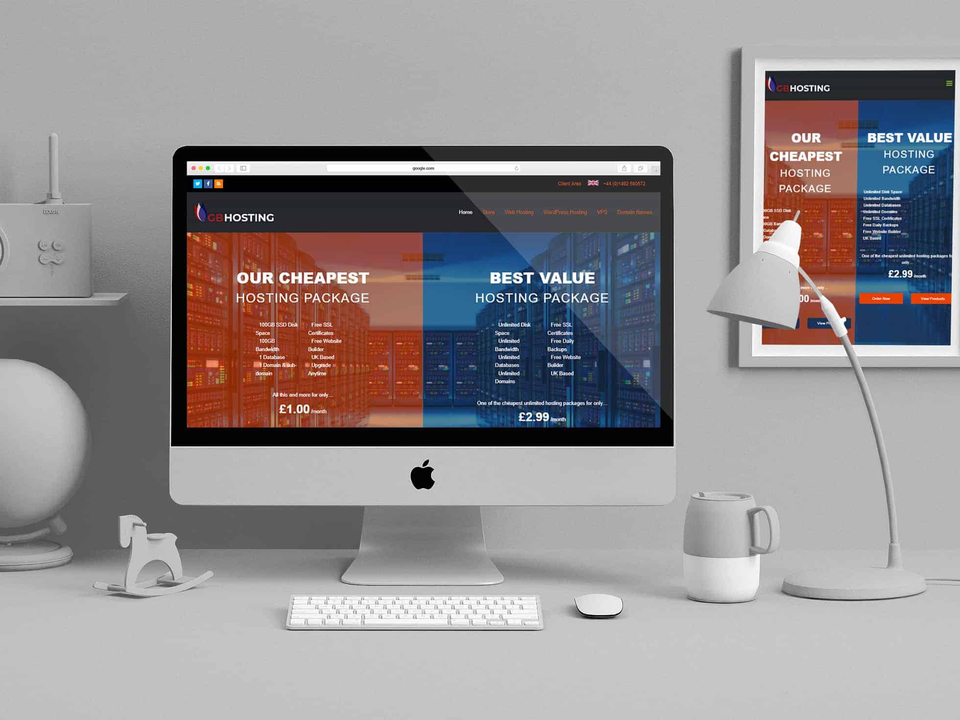 EWD (Esthetig Web Design) Portfolio: GB Hosting, website shown on an iMac with a poster on the wall reflecting the website design, there are various items on the desk such as lamp, coffee mug etc these, the desk and wall is grey in colour to contrast the blue/orange colours of the website.
