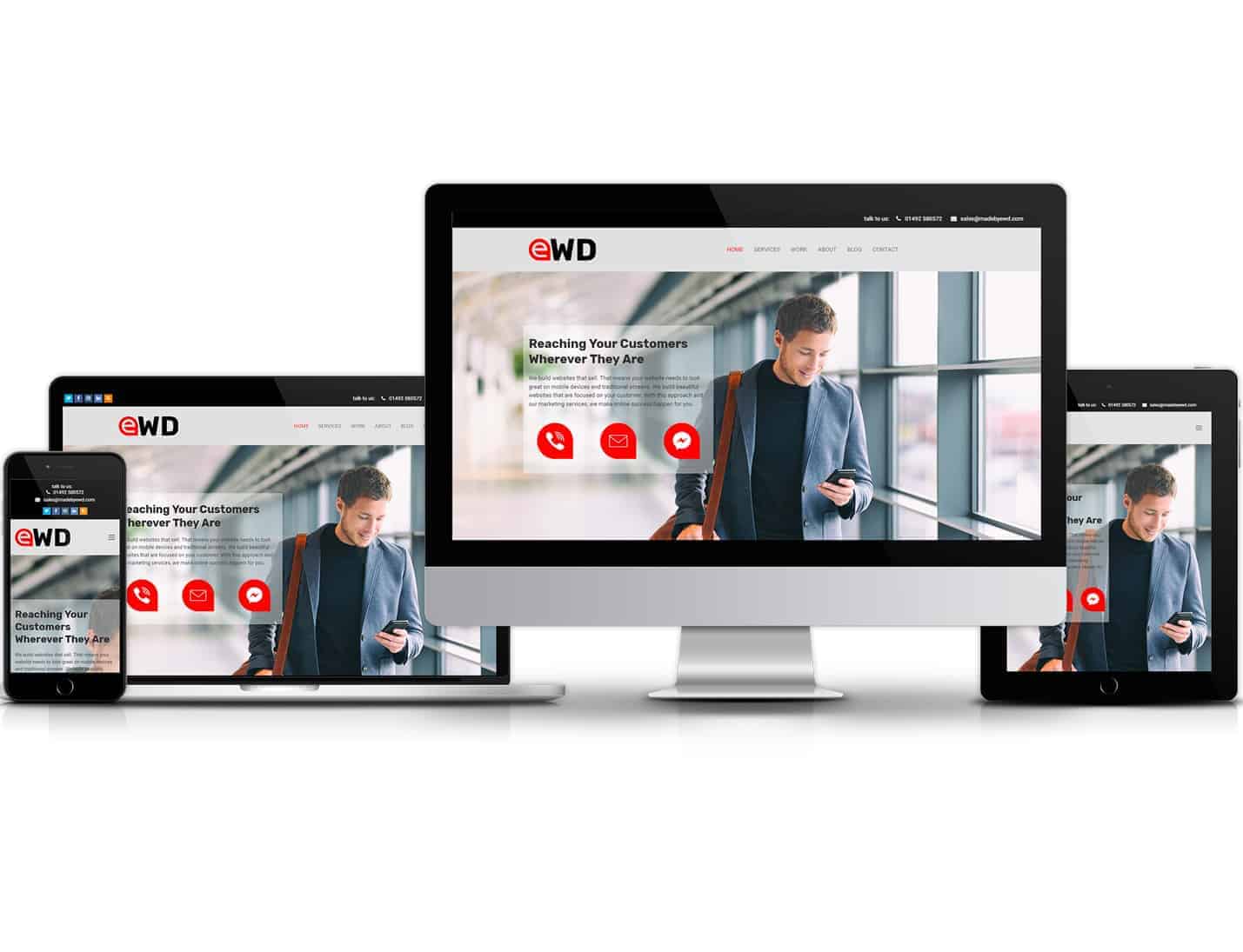 EWD (Esthetig Web Design) web design page - responsive web design. Image is a photo of an iMac screen, a Mac Book Pro laptop, an iPad and an iPhone, each showing the home page of our website.