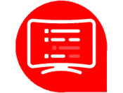 Catalogue content management icon. The background is our red speech bubble logo.