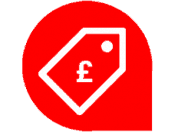 eCommerce data entry icon. Background is our red speech bubble logo.