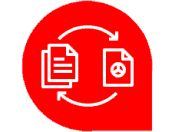 File conversion icon. Background is our red speech bubble logo.