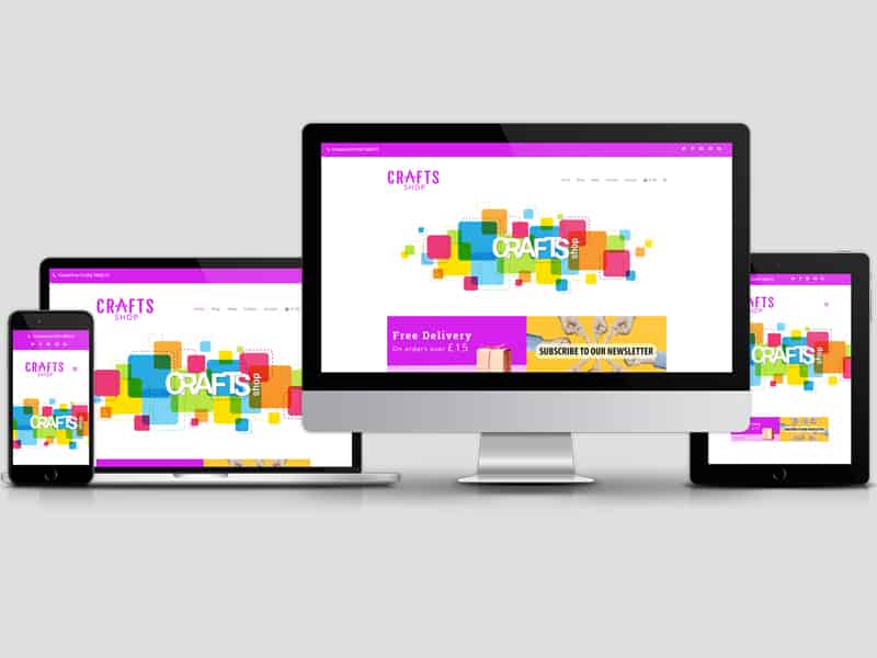 Portfolio: Crafts Shop website shown on multiple devices: iMac, MacBook Pro, iPad, iPhone