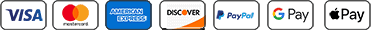 Payment cards accepted, we accept: visa, mastercard, american express, discover, paypal, google pay, apple pay